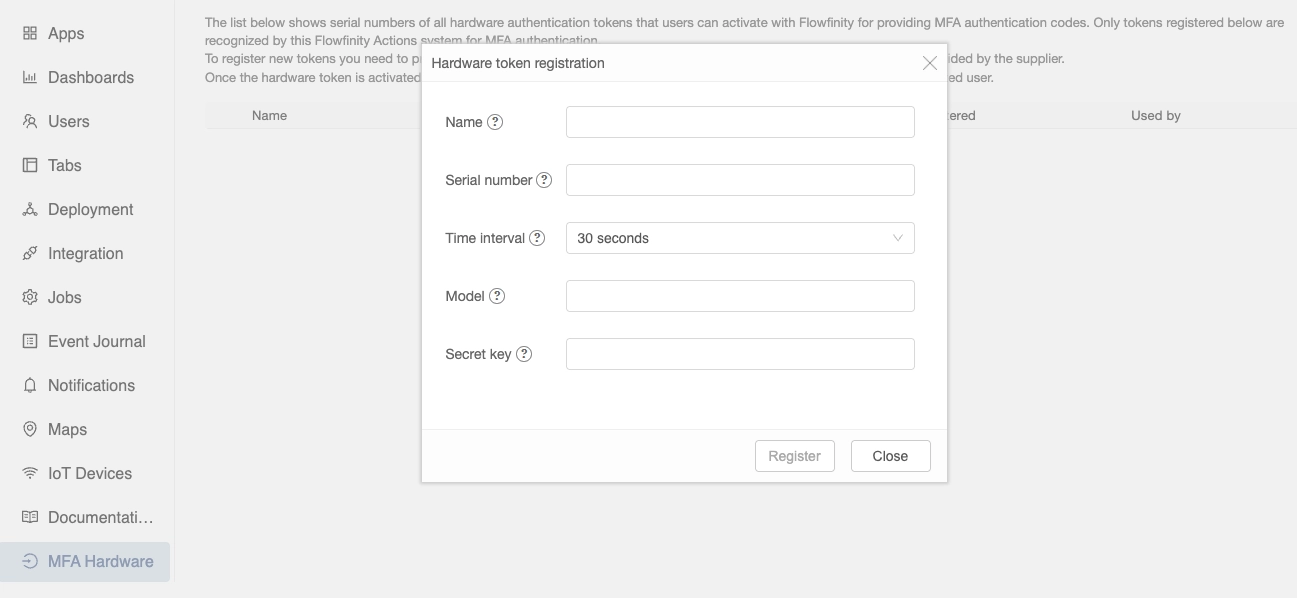 Flowfinity - Hardware token registration