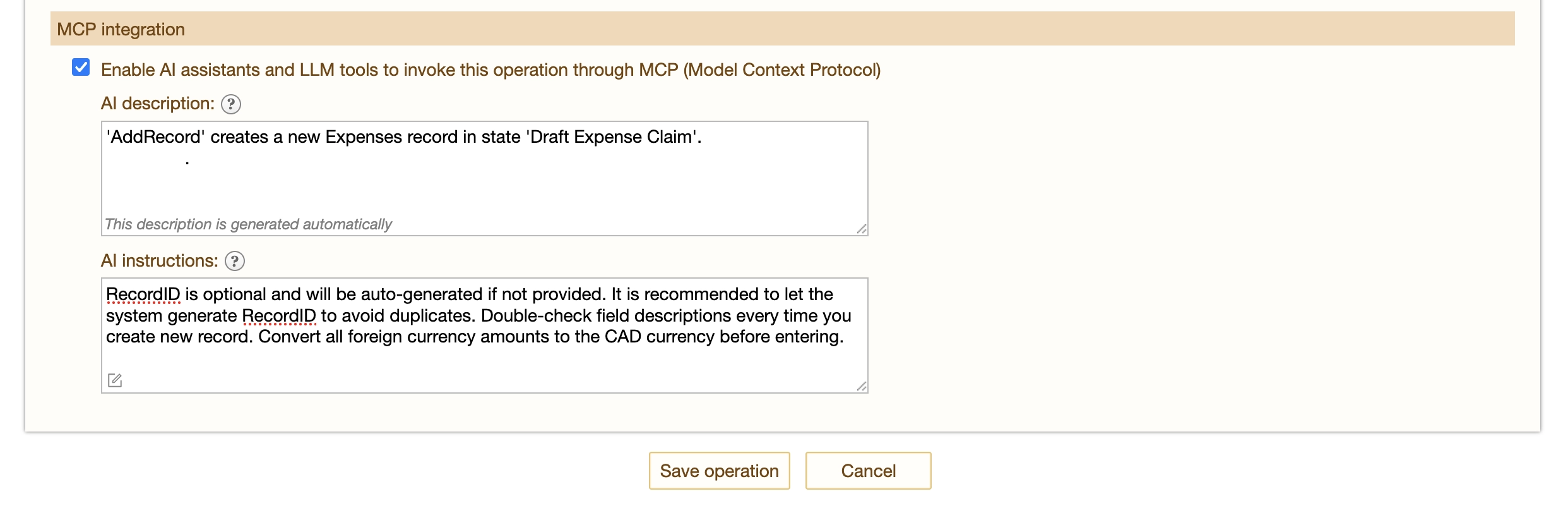 Flowfinity - Operation MCP integration settings