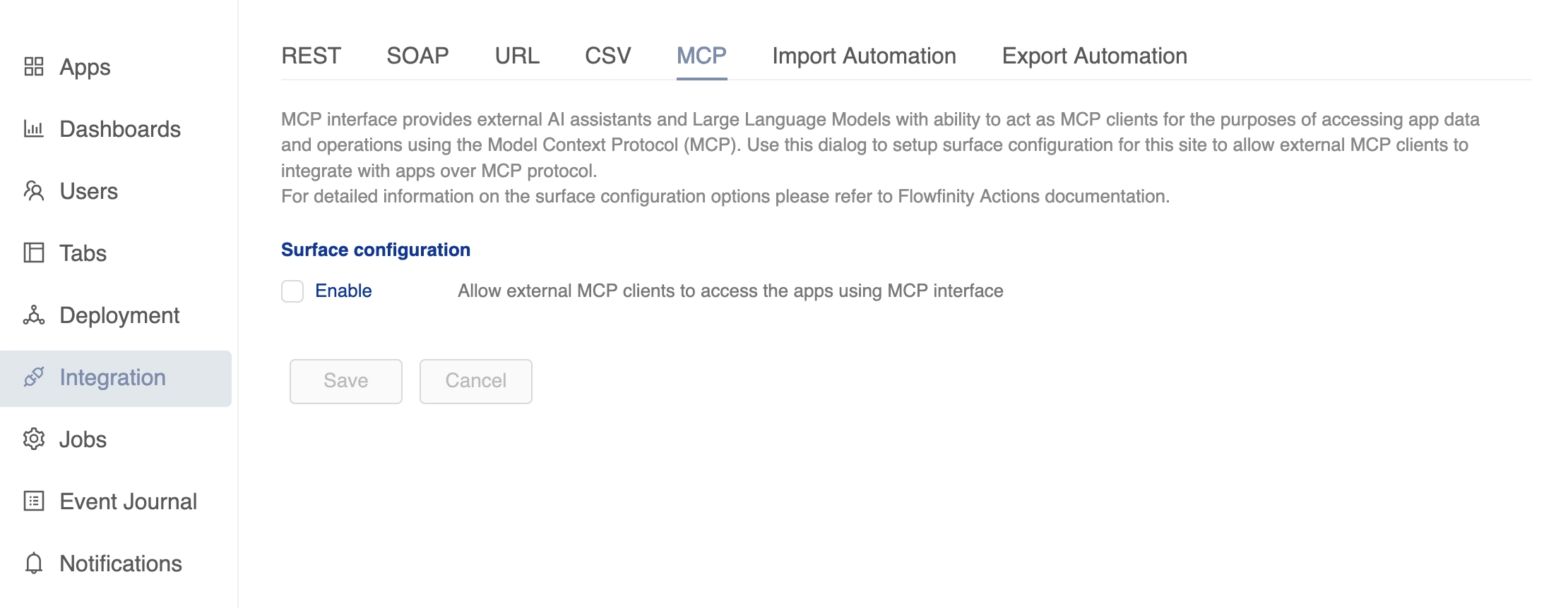 Flowfinity - MCP surface configuration